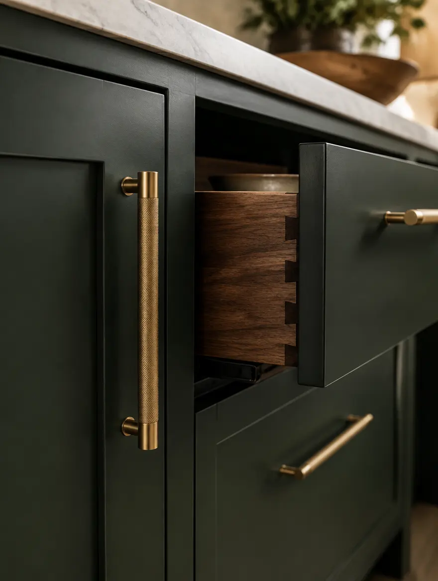 Green shaker door with a brass pull and an open dovetailed walnut drawer