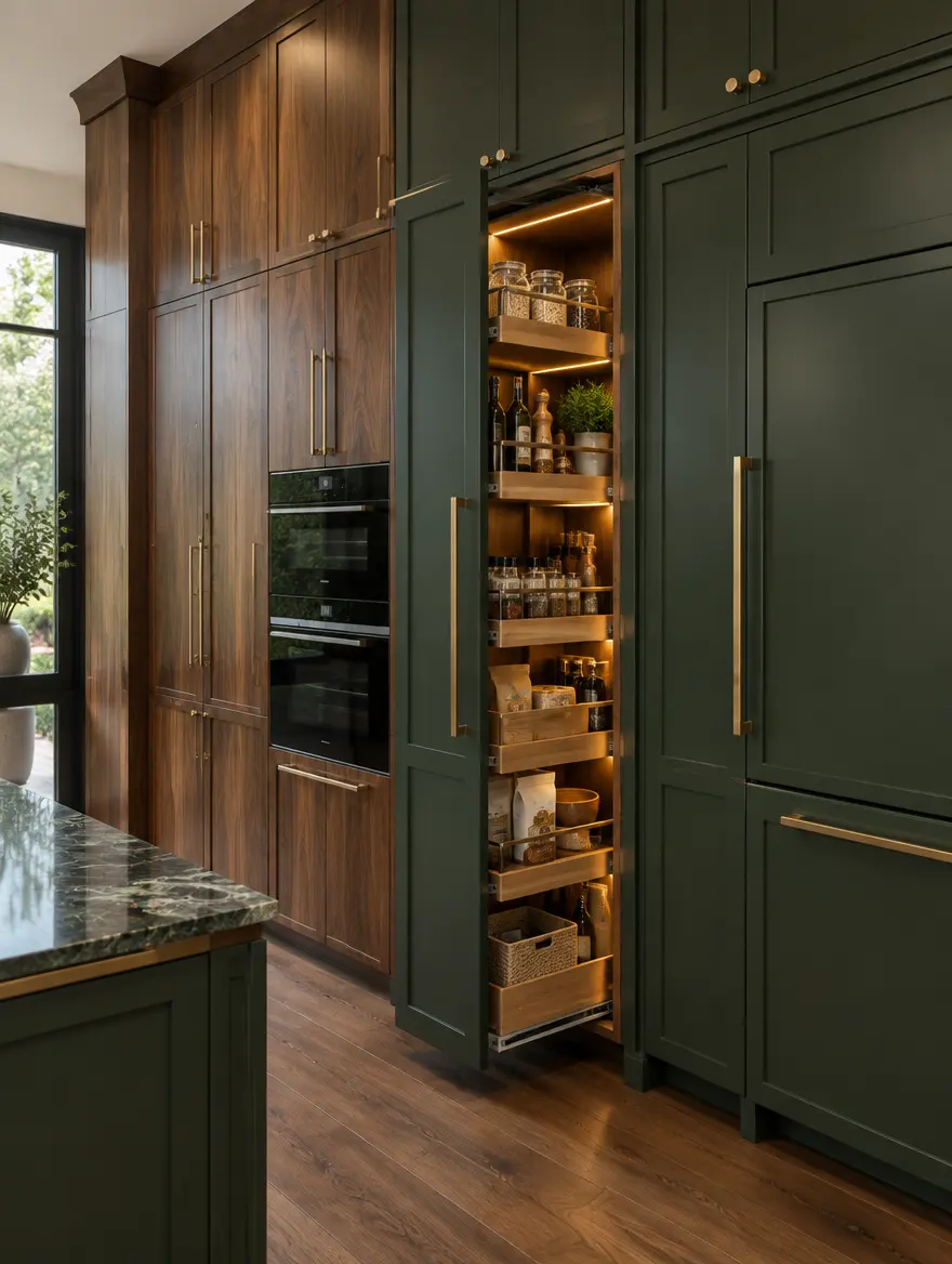 Floor-to-ceiling walnut and green cabinetry with a pull-out pantry