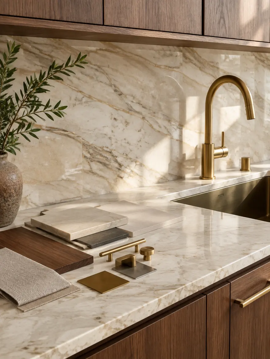 Veined stone counter and backsplash with walnut cabinets and finish samples