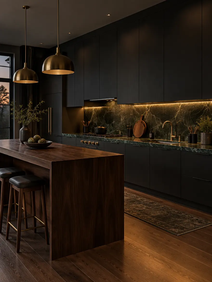 Moody charcoal kitchen with dark green marble and a walnut island