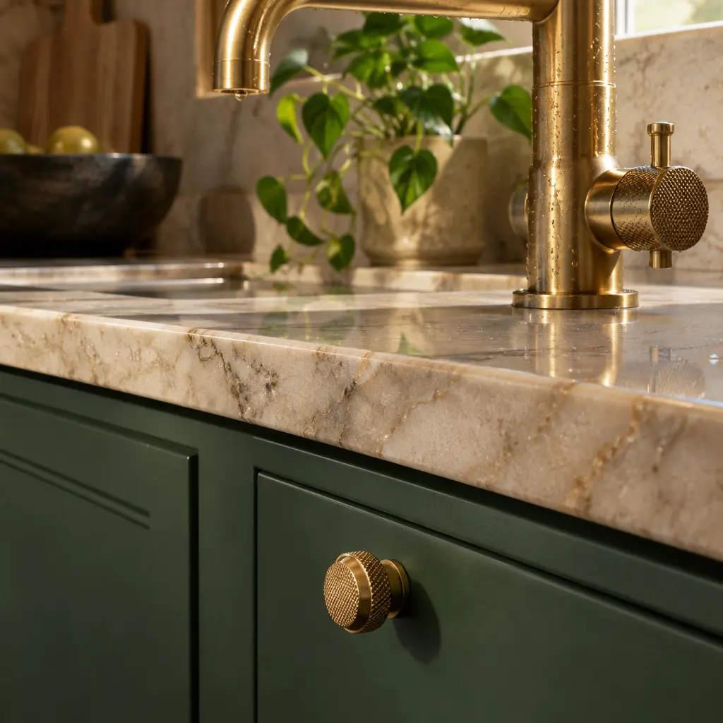 Brass faucet and knob against veined stone