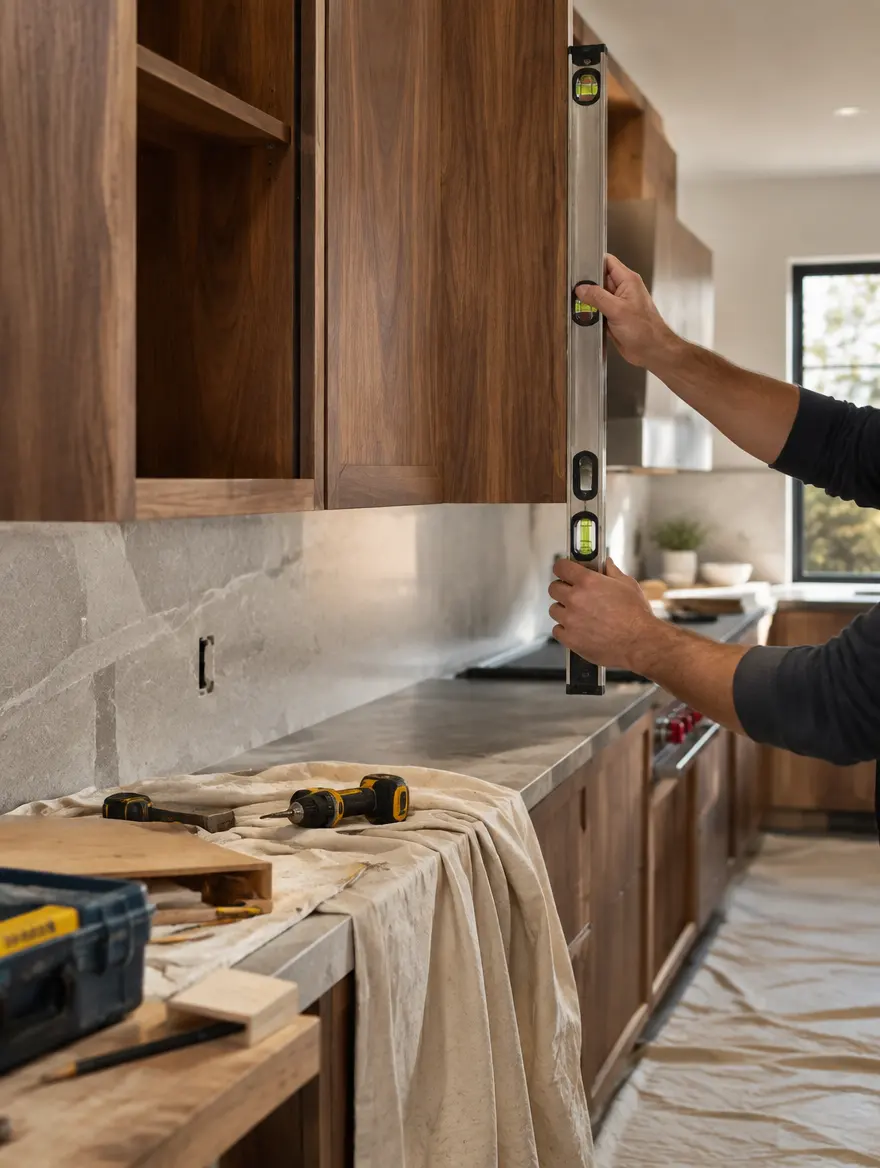 Installer levelling a walnut upper cabinet