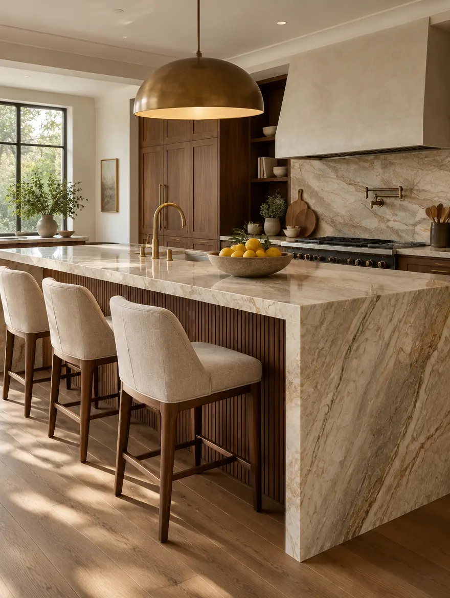 Walnut island with a waterfall stone top