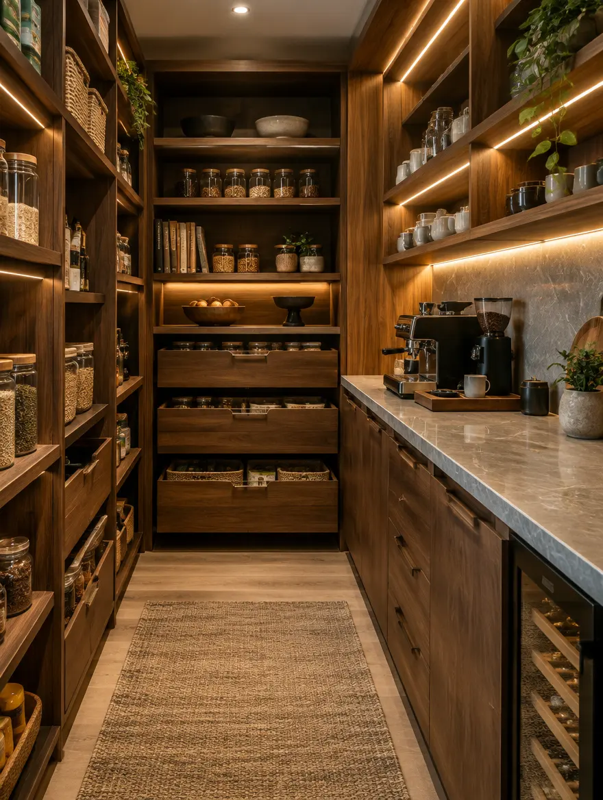 Walk-in pantry with walnut shelving and a coffee station