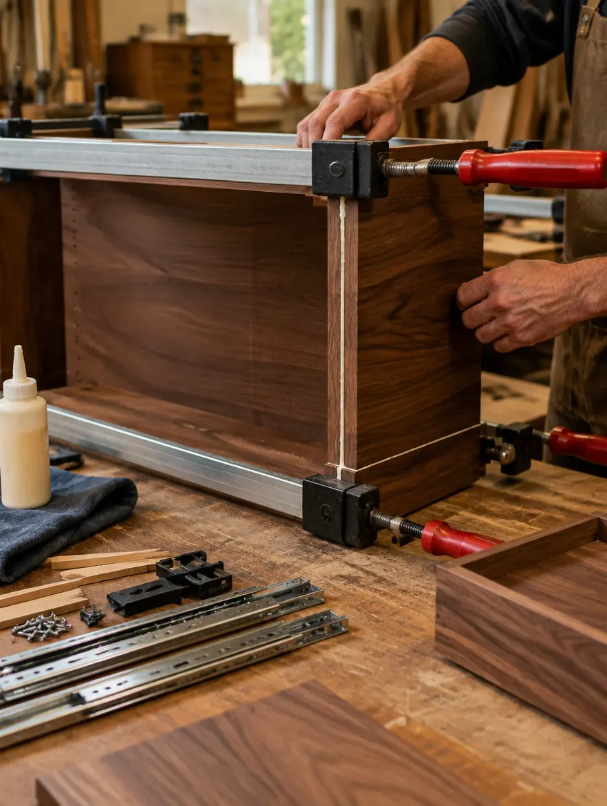 Hands clamping a walnut cabinet box on a workbench