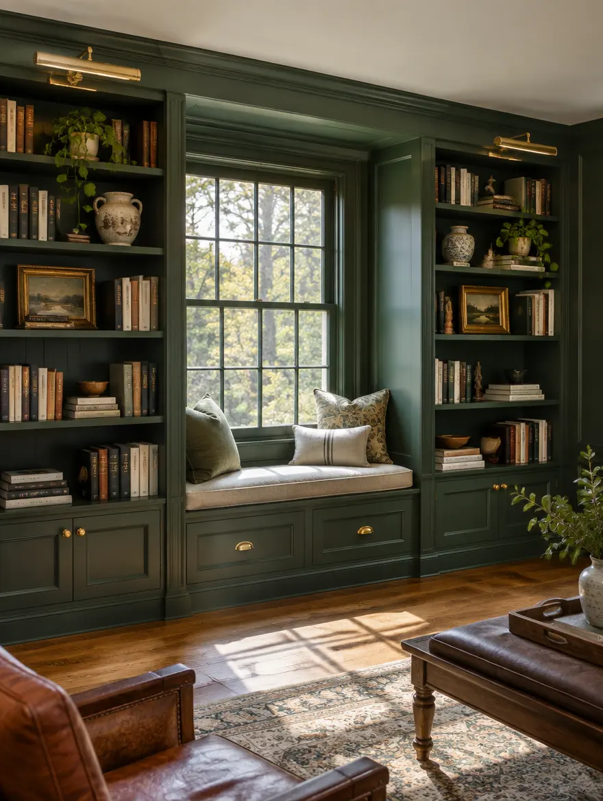 Deep green built-in library shelving with a window seat