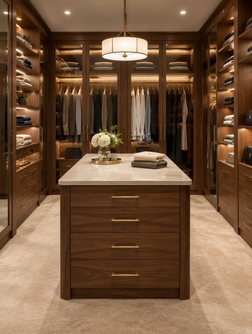 Walnut walk-in closet with glass doors and a stone-topped island