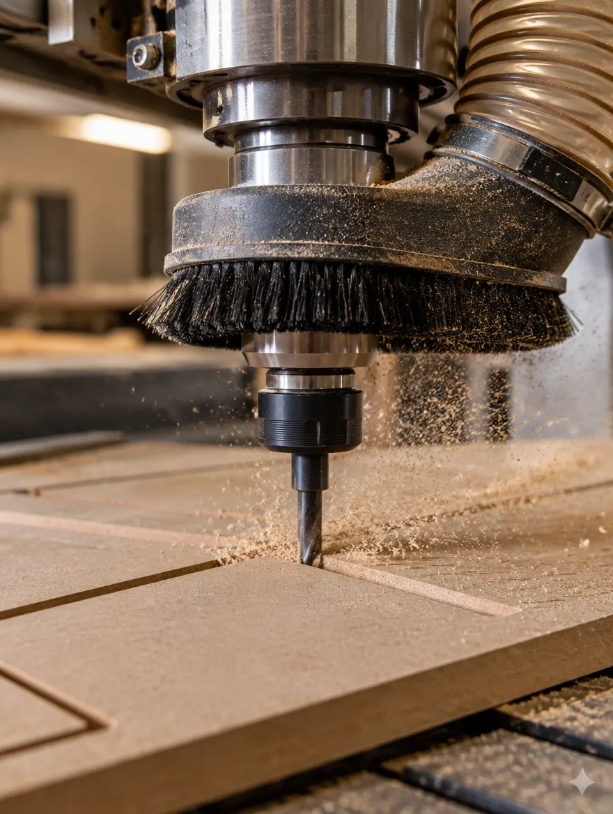 CNC router bit cutting a groove into an MDF panel