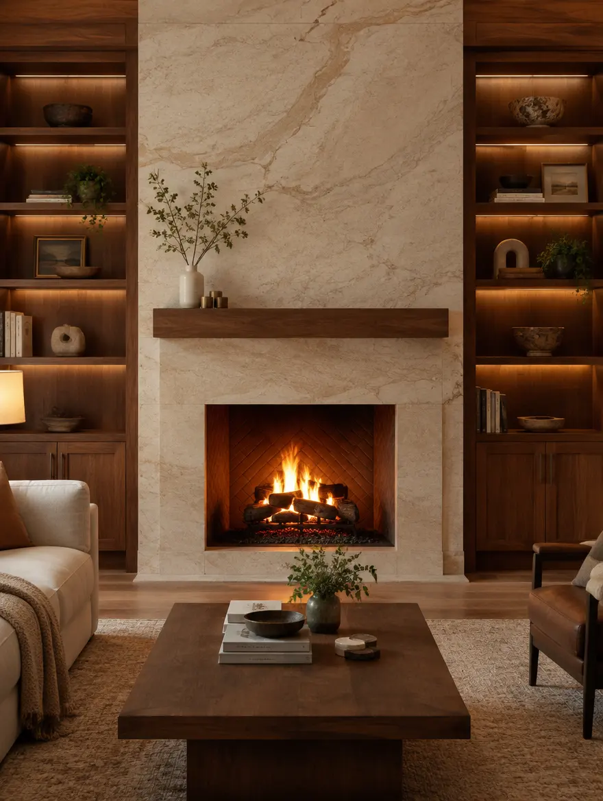 Stone fireplace surround framed by built-in walnut cabinetry