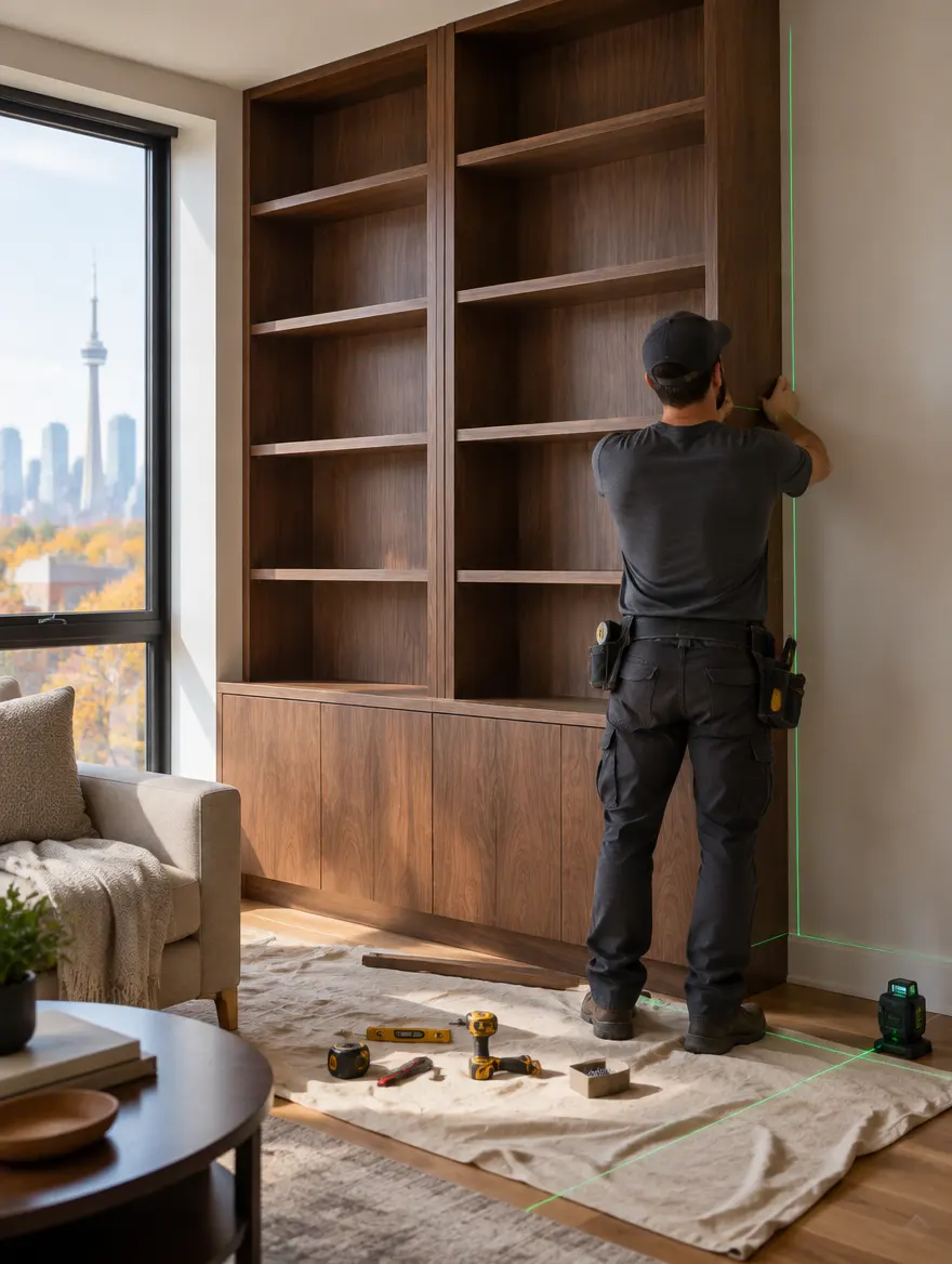 Installer fitting a floor-to-ceiling walnut built-in wall unit