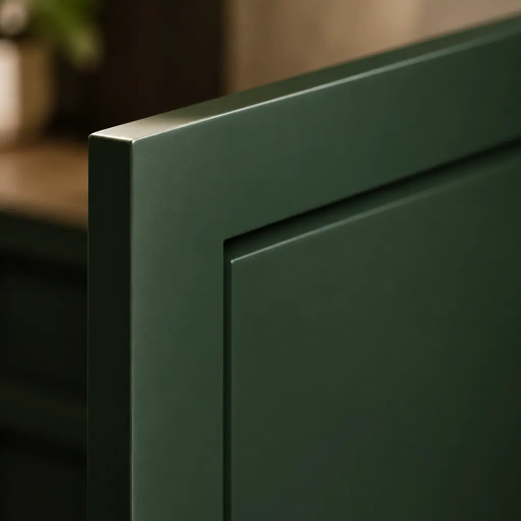 Close-up of a painted green MDF shaker door edge