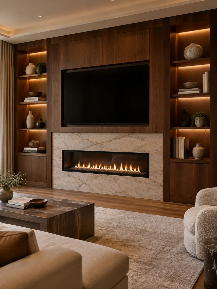 Finished walnut media wall with a linear fireplace in veined stone and lit shelving