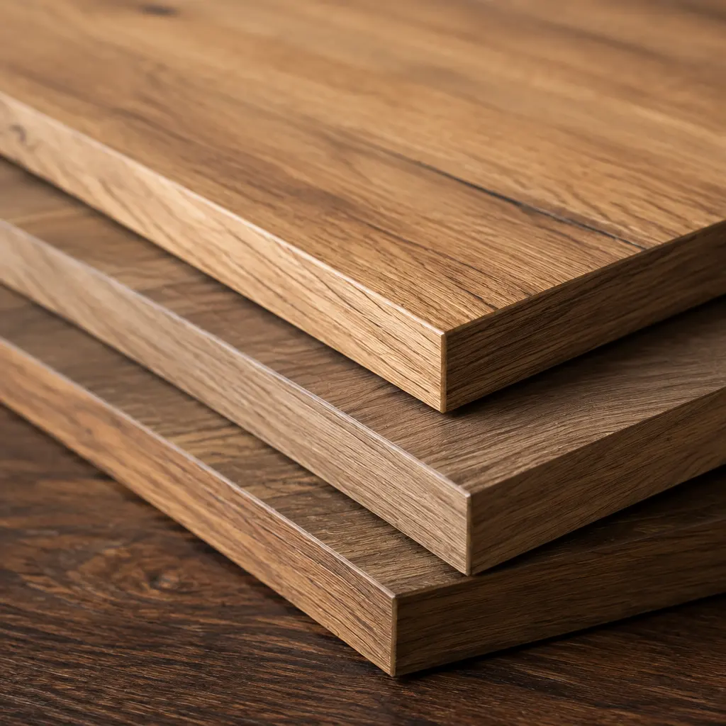 Close-up of oak-grain melamine panels with matching edge banding