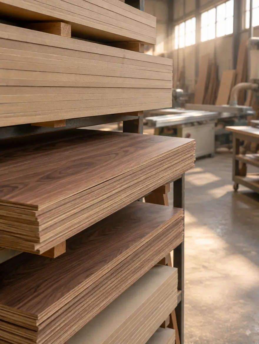 Stacks of raw MDF and veneered plywood sheets in the shop