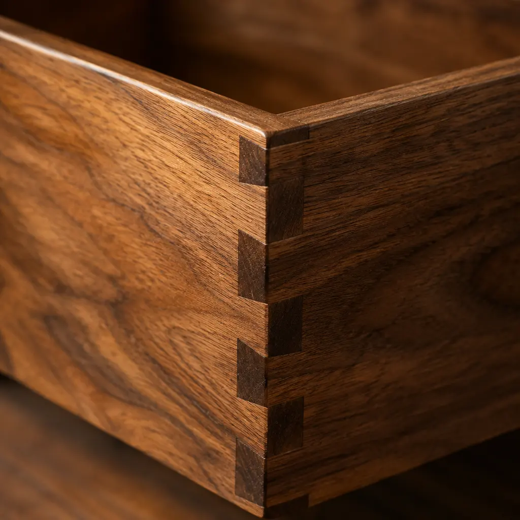 Close-up of oiled solid walnut with a dovetail joint