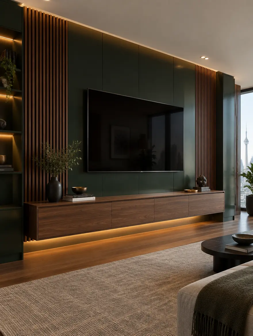 Green lacquered media wall with walnut slats and a floating console
