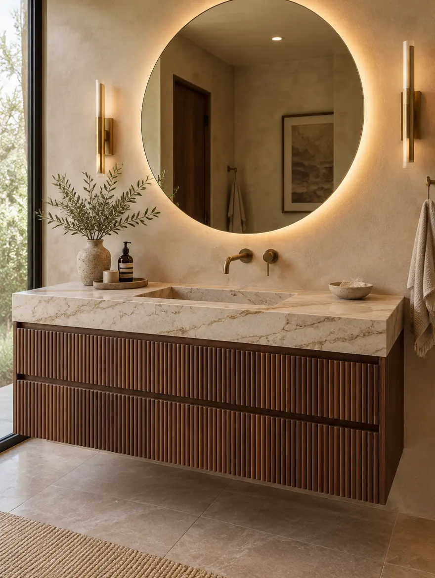 Floating fluted walnut vanity with a stone top and brass faucet