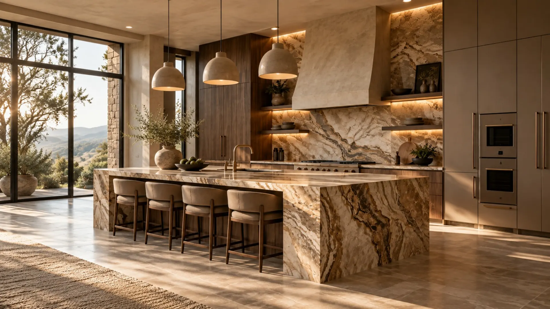 Walnut and stone kitchen with a waterfall island and pendant lights