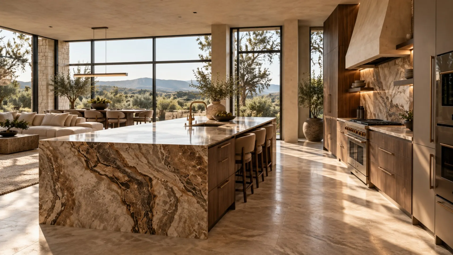 Open-plan walnut kitchen with a long stone island and tall windows